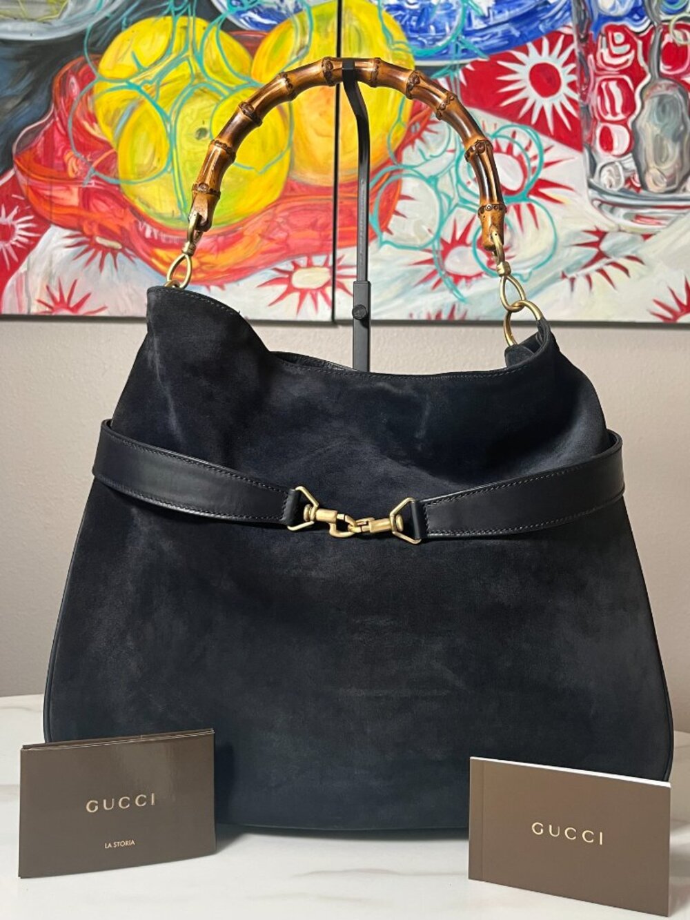 Gucci Tom Ford Bamboo Handle Midnight Blue Suede Hobo Shoulder Bag Leather Trim